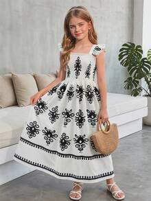SHEIN Tween Girls' Elegant Vacation Bohemian Totem Print Spaghetti Strap Cap Sleeve Cinched Waist Dress, Spring/Summer - White - View 5