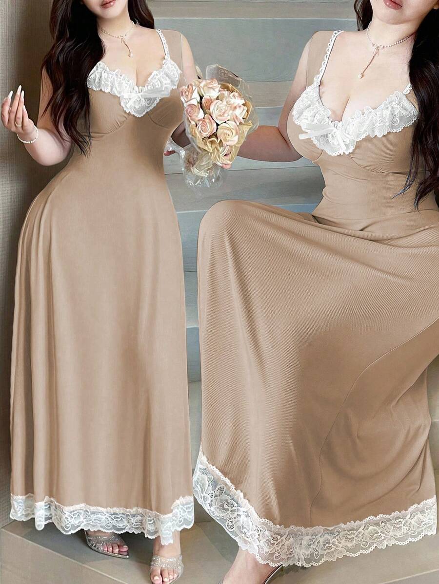 Vibekara Plus Size Diamond Collar Ribbed Contrast Ruffle Cap Sleeve Dress - Brown - View 1