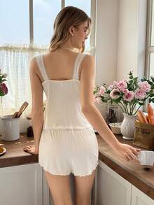 Snug Reverie Solid Color Knit Jacquard Lace Patchwork Wide Strap Sleeveless Backless Top And Shorts Women Pajama Set Sleeping Pale Yellow Summer Cute - Apricot - View 2
