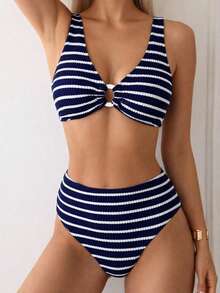 Swim Vcay V-Neck Wide Strap Striped Casual Bikini Set - Blue - View 3