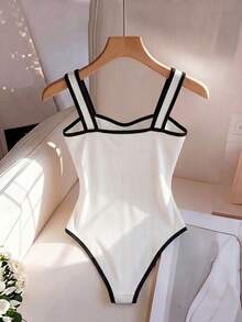 SHEIN Franclia Women's Casual Bodysuit With Trim Button Design - Black and White - View 2