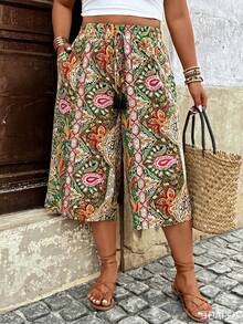 Breezaya Plus Size Women Allover Print Pocket Casual Versatile Daily Wear Pants - Green - View 4