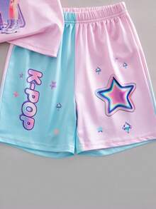 SHEIN Kids 2pcs/Set Young Girl Casual Sports Style K-Pop Cartoon Starry Sky Print Short Sleeve Top And Shorts Set,Light Pink,Summer Back To School - Pink - View 8