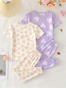 Young Girl 4pcs Random Blind Box Casual Simple Snug Fit Comfortable Round Neck Short Sleeve Long Pants Loungewear Set, Suitable For Spring/Summer, 4-Piece Set Young GirlS - Multicolor - View 4