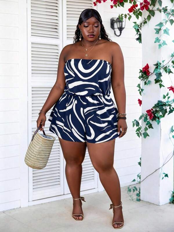 CurvyTilda Plus Size Women Patterned Printed Bustier Style Casual Jumpsuit Vacation Summer