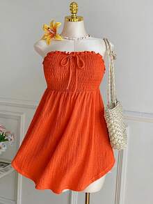 Comfortcana Blusa sin mangas con volantes, dobladillo asimétrico y encaje, con lazo delantero, talla grande, para primavera/verano - Naranja - Ver 7
