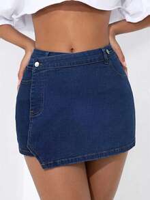 SHEIN PETITE CURVE 大码女式高腰裹身牛仔短裙，休闲夏季海滩度假优雅装扮，大码纯色裹身休闲夏季百搭牛仔短裤 - 深色水洗藍 - 查看 3