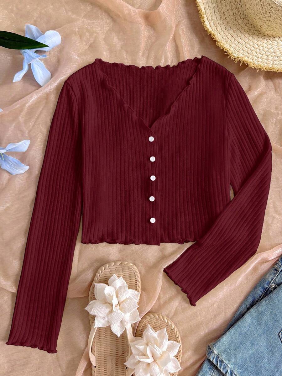 Áo khoác cardigan cổ chữ V, viền bèo nhún, cài cúc phía trước dành cho bé gái tuổi teen của SHEIN, màu đỏ tía, kiểu dáng thường ngày, đa năng cho mùa thu/đông, đi học, hoặc phối đồ mẹ và bé. - Màu Đỏ Sâu - Xem 1