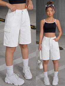 SHEIN Tween Girl Y2K 纯色宽松休闲牛仔工装短裤，夏季服装 - 白色 - 查看 1