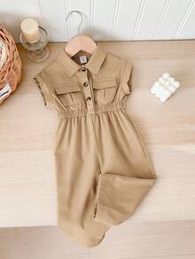 SHEIN LMoss Kids Bộ áo liền quần mùa hè dễ thương tay ngắn cổ bẻ cho bé gái - Màu be - Xem 4