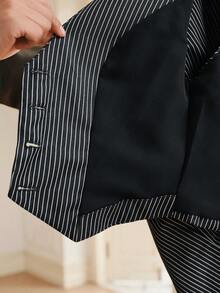 Anewsta Bộ đồ 2 món phong cách mùa hè thường ngày, thời trang công sở, thanh lịch: Áo ba lỗ kẻ sọc xanh và quần ống rộng. - Màu xanh lam - Xem 2