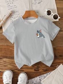 TOM & JERRY X SHEIN Young Boy Casual Cartoon Pattern Round Neck Short Sleeve T-Shirt, Summer - White - View 2