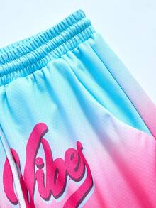 ROMWE MEN Street Life Casual Spring/Summer Beach Vacation Pattern Coconut Tree Letter Drawstring Waist Shorts, School Style - Multicolor - View 3