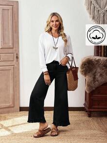 EMERY ROSE Plus Size Women Street Casual Comfortable Mid-Blue Non-Stretch Ruffle Hem Straight Leg Jeans - Black - View 3