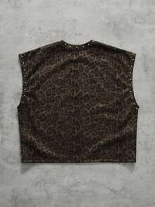 ROMWE MEN Men's Suede Fabric Rivet Decor Leopard Print Loose Fit Vest - Brown - View 3