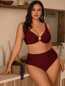 Swim Vcay Bộ đồ bơi tankini nữ size lớn màu trơn, áo tankini tối giản dây phụ kiện phối cùng quần tam giác nhún, phong cách thường ngày cho kỳ nghỉ - Màu Đỏ Sâu - Xem 4