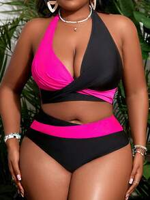 Slaydiva Conjunto de traje de baño de talla grande con contraste de color - Rosa Fucsia - Ver 5