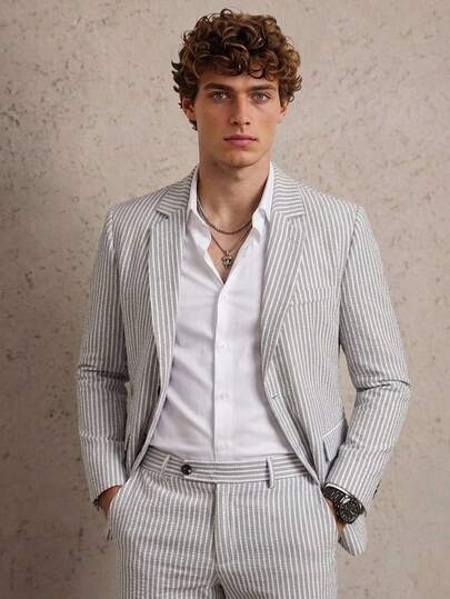 Manfinity CityGents Conjunto de chaqueta y pantalones de traje de manga larga con botones delanteros y textura a rayas grises para primavera/verano para hombre