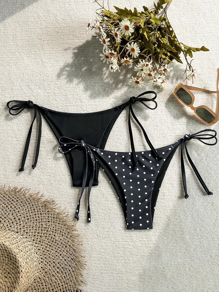 Swim Basics 女士夏季沙滩度假系带性感波点比基尼泳裤 - 黑與白 - 查看 1