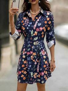 Editum 夏季度假女装时尚百搭通勤印花衬衫裙，女士夏季连衣裙 - 藏蓝色 - 查看 3