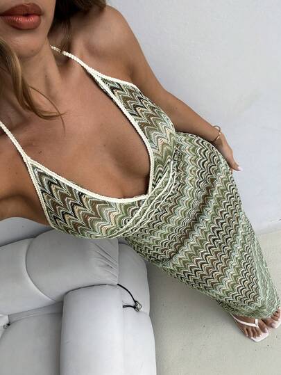 Aloruh Women's Spring/Summer New Striped Jacquard Dress, Sexy Deep V-Neck Backless Long Dress, Bohemian Vacation Dress, Beach Cover-Up, Green Dress