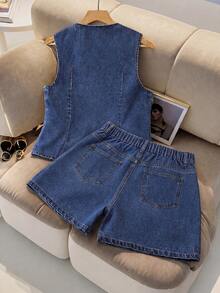 SHEIN 2Pcs Teen Girls Fashion Casual Y2k Vintage Cool Street Elegant Dark Blue Denim Sleeveless Jacket And Loose Comfortable Ruffled Denim Shorts Set Of Two Pieces For Kids Clothes Teen Girls Dailywear And Kids Spring To Summer Rave Outfits Festival And Outfits Streetwear Clothes - Blue - View 3