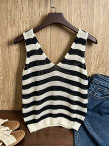 SHEIN Franclia Áo dệt kim không tay kẻ sọc cài cúc phía trước dành cho nữ, thích hợp cho kỳ nghỉ hè. - Đen và trắng - Xem 2