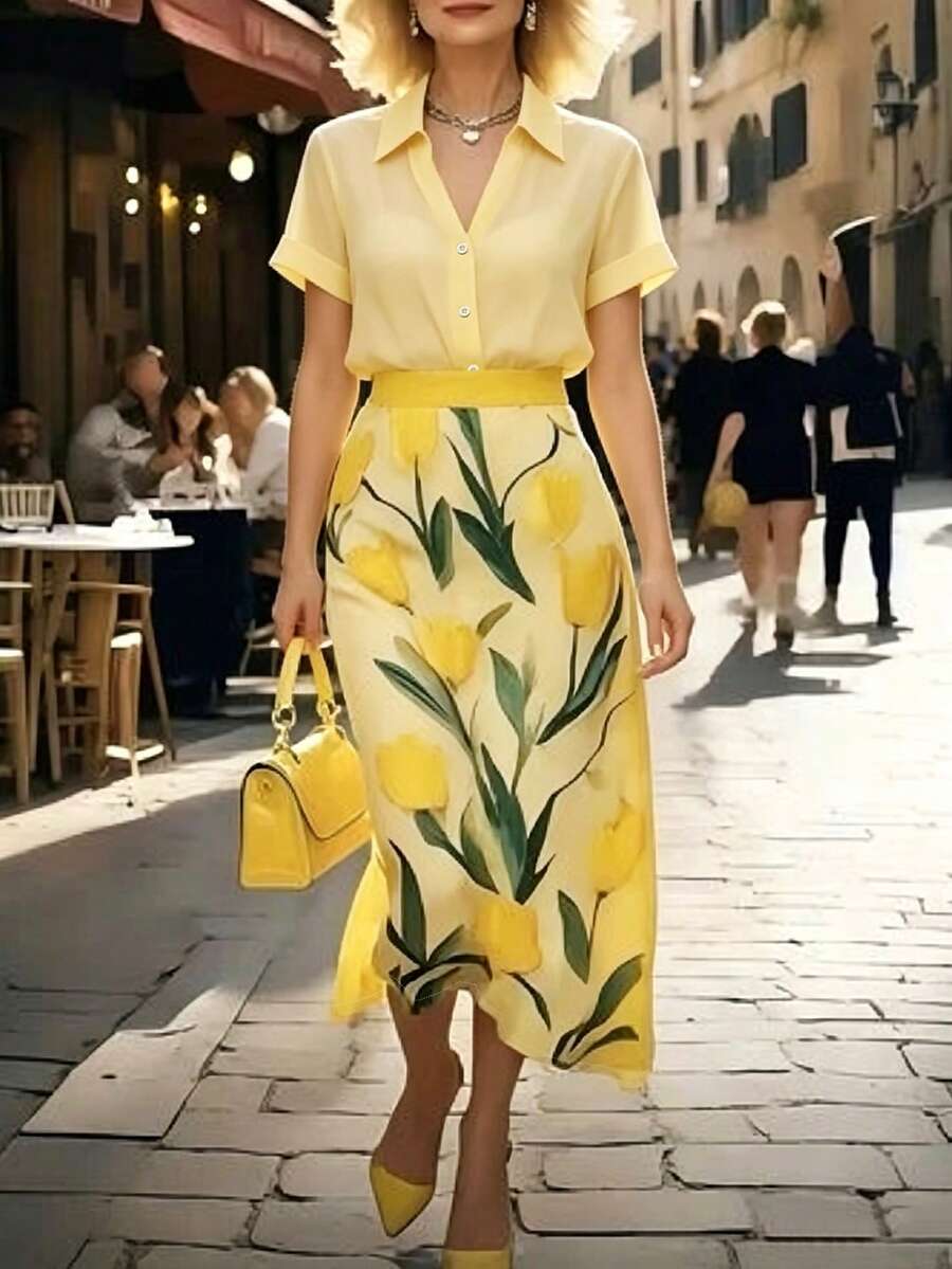 SHEIN Raffinéa 夏季优雅两件套女装，浅黄色翻领短袖衬衫+郁金香印花A字裙，通勤、约会、休闲穿搭 - 黃色 - 查看 1