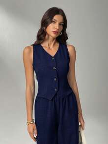 SHEIN Tall Women's Solid Color V-Neck Button Front Tank Top And Slant Pocket Casual Pants 2-Piece Set, Tall Women - Navy Blue - View 7