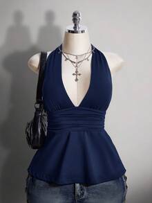 SHEIN ICON Áo camisole chấm bi dáng chữ A hở lưng cổ chữ V, cỡ lớn, kiểu retro Y2K, áo camisole chấm bi cổ yếm hở lưng. - Màu xanh hải quân - Xem 3