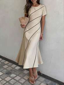 Siren Gaze Elegant Beige Striped Summer Maxi Dress For Women,Luxury Asymmetrical Tea Party Brunch Outfits, Slim Fit Short Sleeve Retro Office Siren Work Dress - Apricot - View 2