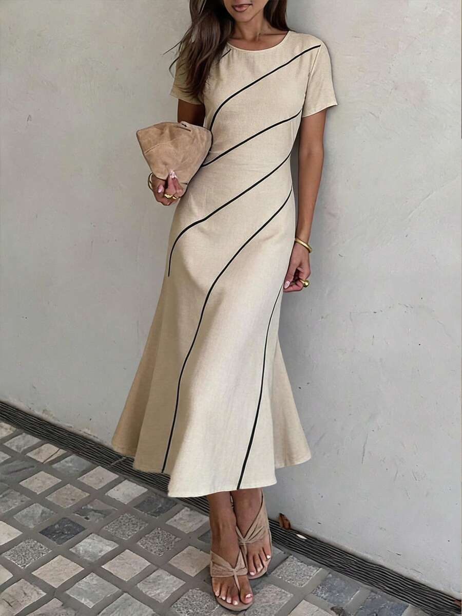Siren Gaze Elegant Beige Striped Summer Maxi Dress For Women,Luxury Asymmetrical Tea Party Brunch Outfits, Slim Fit Short Sleeve Retro Office Siren Work Dress