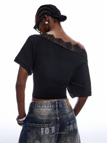 LYSMO 2026 New Arrive Minimalism Spring/Summer Women's Fashion Lace Patchwork Asymmetrical Shoulder Cropped Top - Black - View 2