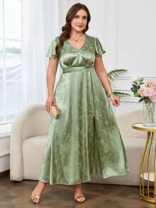 Reflora Đầm satin bóng màu xanh lá cây thanh lịch dành cho nữ cỡ lớn, tay bồng, cổ vuông, dài, xẻ tà bên. - Màu xanh Bạc hà - Xem 6