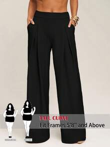 SHEIN Tall CURVE 大码女式高腰褶裥口袋纯色休闲裤 - 黑色 - 查看 3