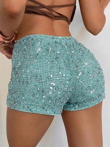 Aloruh Damen Frühling/Sommer neue erbsengrüne Weite Hose, Pailletten Shorts, Palazzo Hose mit niedriger Taille, Boho Party Outfit - Olivgrün - Übersicht 2