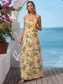 Vivid Eden Women's Backless Fruit Plaid Print Maxi Dress,Multicolor,Summer,Boho,Beach Vacation,Holiday,Holiday Spaghetti Strap Crisscross Back Slit Outfits - Yellow - View 2