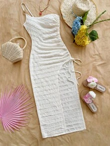 Soleia 女士度假针织华夫格纹理修身开衩抽绳连衣裙，适合派对、约会、性感装扮、下午茶、海滩、夏季音乐节、婚礼季等场合。 - 白色 - 查看 3