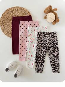 4 piezas Leggings casuales versátiles suaves y lindos para niñas pequeñas con estampados de flores, flores diminutas, corazones y soles, de gran valor, adecuados para juegos de primavera/verano en interiores o exteriores, pantalones con estampados dulces y lindos de colores variados, leggings básicos versátiles para primavera/verano o todas las estaciones - Multicolor - Ver 6