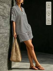SHEIN Franclia Bộ 2 món áo và quần kẻ sọc nữ, thích hợp cho mùa hè, thu và đông. - Đen và trắng - Xem 5