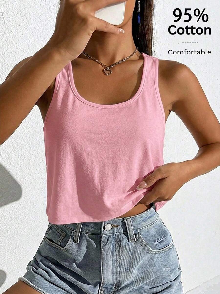 SHEIN EZwear 女士休闲宽松露脐U领背心，适合夏季穿着 - 粉色 - 查看 1