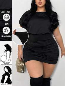 SHEIN CURVE+ Plus Size Women Solid Color Round Neck Casual Minimalist Short Sleeve Bodycon Dress - Black - View 10
