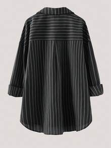 SHEIN Essnce 大码女装秋冬时尚休闲宽松舒适日常百搭显瘦棕色条纹超宽松纽扣衬衫，秋季穿搭，女士衬衫，简约风格，工作上衣 - 深灰色 - 查看 2