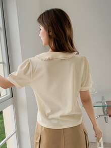 DAZY Women Summer Casual Solid Color Faux Pearl Embellished Peter Pan Collar Short Sleeve T-Shirt - Apricot - View 5