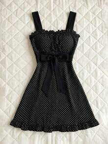 Elamini Vestido con lazo de mujer con estampado de lunares y parches, estilo dulce Y2K - Negro - Ver 1