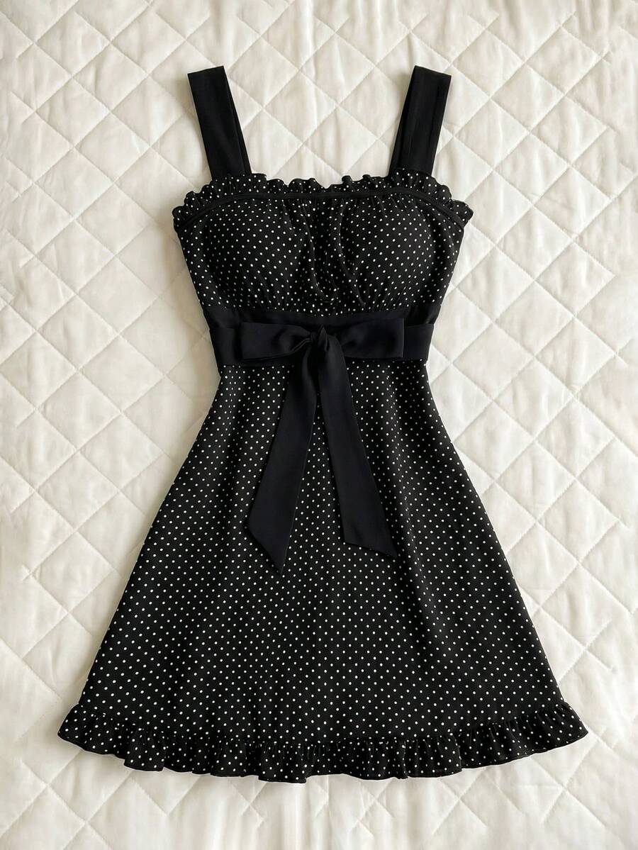 Elamini Vestido con lazo de mujer con estampado de lunares y parches, estilo dulce Y2K - Negro - Ver 1