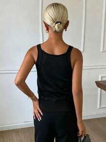 DAZY 女款純色V領無袖優雅夏季薄針織背心上衣 Y2K 度假校園風 - 黑色 - 查看 2