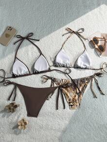 Swim Bikini de mujer de unicolor simple con nudo en el cuello y abertura, adecuado para vacaciones en la playa, verano - Multicolor - Ver 2