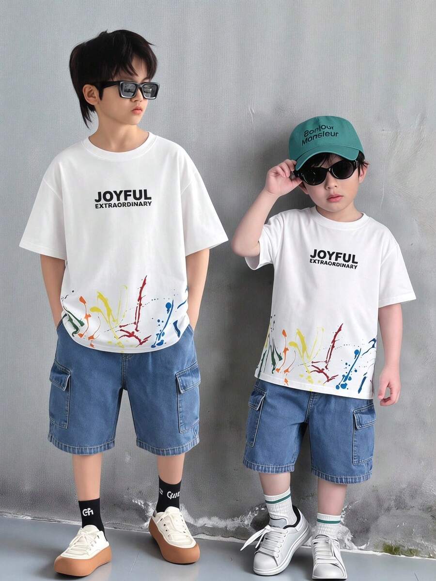 SHEIN 2件套儿童/青少年男童休闲百搭舒适圆领宽松短袖针织T恤和牛仔短裤套装,适合返校穿着 - 棕色 - 查看 1