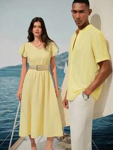 Rafferiza Women's V-Neck Ruffle Sleeve Cinched Waist Pleated Flare Dress, Casual Vacation Style, Light Yellow, Spring/Summer - Light Yellow - View 4